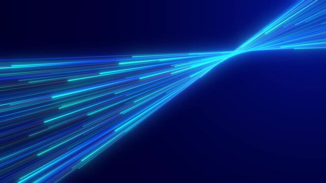 Blue glowing lines converge into curve on dark background suitable for technology, futuristic, abstract design projects, and digital backgrounds