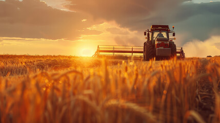 Fototapeta premium Harvesting tractor and farmer on tractor collecting vegetables on family farm, agriculture concept