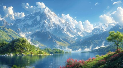 Majestic Snow-Capped Mountain Peaks Reflected in Tranquil Lake Surrounded by Lush Greenery