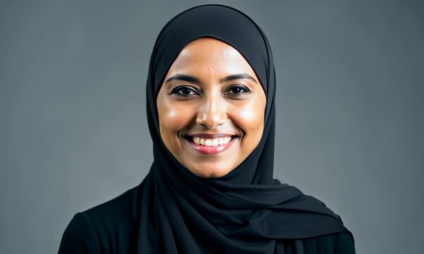 portrait of beautiful muslim woman in hijab smiling on grey background