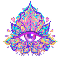 Sacred geometry symbol with all seeing eye over in acid colors. Mystic, alchemy, occult concept. Design for indie music cover, t-shirt print, psychedelic poster, flyer. Astrology, esoteric, religion.