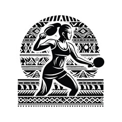 Tennis, table tennis  female player in ethnic polynesia pattern illustration, emblem shield badge
