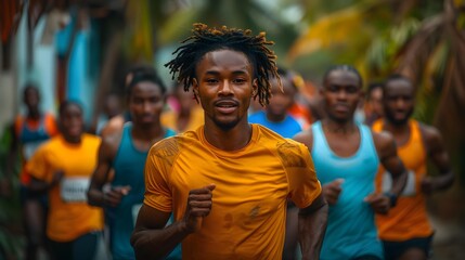 A group of diverse runners in vibrant athletic gear are participating in a marathon, showcasing determination and fitness, This image is ideal for promoting sports events, fitness programs