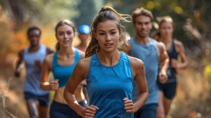 A group of young adults jogging together in a forested area, promoting fitness, teamwork, and healthy lifestyle choices; ideal for fitness campaigns, outdoor activity promotions