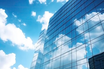 Obraz premium Modern Skyscrapers Reflecting Blue Sky and Clouds