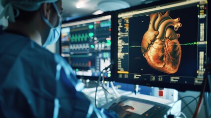 An echocardiography image capturing the detailed structures and movements of the heart, showcasing the chambers and valves with high clarity, set in a cardiovascular diagnostic room