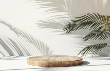 Obraz premium Round Wooden Podium With Palm Leaf Shadows on White Wall