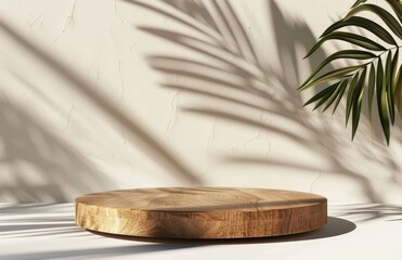 Round Wooden Podium With Palm Leaf Shadows on White Wall