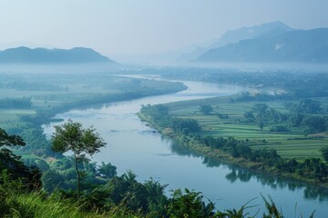 Fototapeta premium Hazy River Horizons: Scenic Views Marred by Smog Pollution