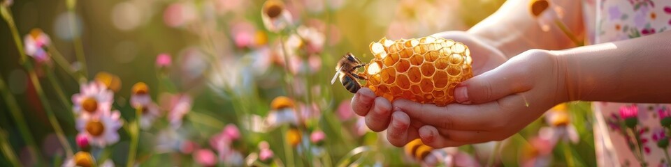 the child holds a honeycomb with honey on the background of the field. Selective focus