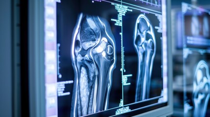 An advanced MRI scan showing the detailed structures of the knee joint, highlighting any abnormalities with high clarity, set in a state-of-the-art medical imaging center