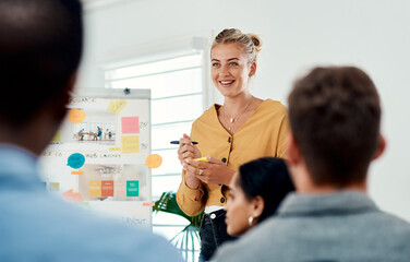 Business woman, meeting and presentation with professional, advice and press staff. Working,...