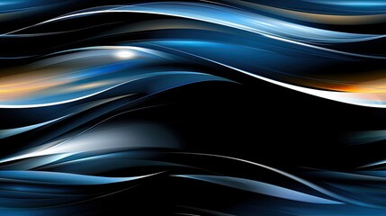 Abstract blue, white, and orange lines are set against a dark background. The lines appear to be waving, creating a sense of motion