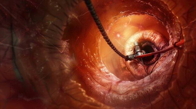 A detailed endoscopy image capturing the interior of the esophagus, highlighting textures and potential issues, set in a clinical environment with state-of-the-art endoscopic tools