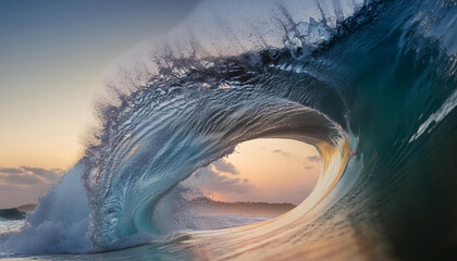 Big crashing wave in a beautiful sunset