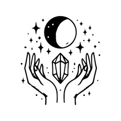 Magic crystal gem with crescent moon and stars in witch hands of fortune teller line art and dot work. Boho chic tattoo, poster or altar veil print design vector illustration