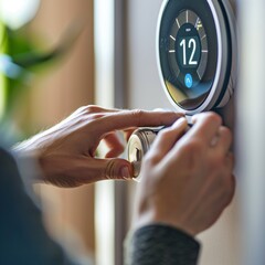 Close-up of hands adjusting a smart thermostat 