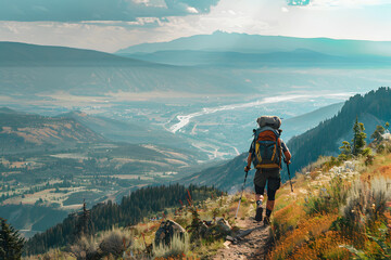 Fototapeta premium Adventurous Hiker with Backpack Trekking Through Stunning Mountain Landscape in Summer, Scenic Valley Below, Sunlit Path, Exploring Nature and Outdoors