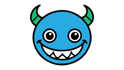 blue cartoon monster smiling with green horns in vector on white background