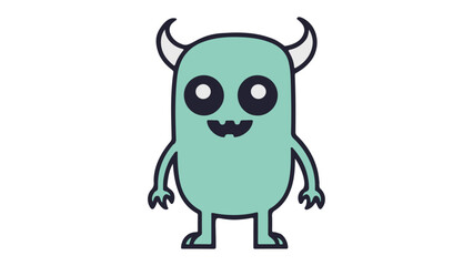 very cute green cartoon monster with horns smiling on white background