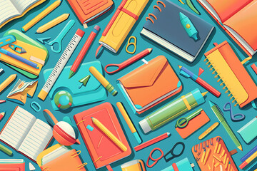 Illustration of backgrounds featuring various school supplies, such as books, pencils, rulers, and notebooks, creating an educational and vibrant theme. The background should be colorful and engaging,