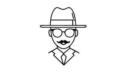 man with hat and suite with mustache outline simple vector illustration on white background