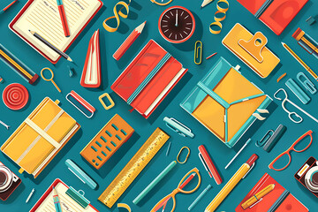 Illustration of backgrounds featuring various school supplies, such as books, pencils, rulers, and notebooks, creating an educational and vibrant theme. The background should be colorful and engaging,