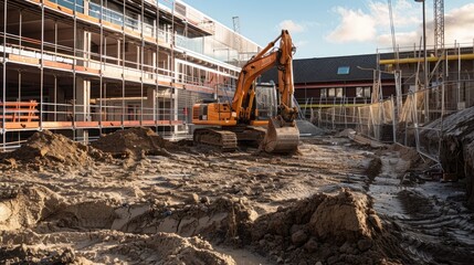 Fototapeta premium Excavator lifting earth at a building site with scaffolding in the background.