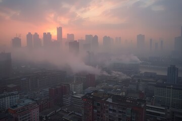 Fototapeta premium Blanketing Urban Impurities: City Skyline Enveloped in Air Pollution Haze