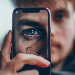 Close-up of a person eye with the camera lens 