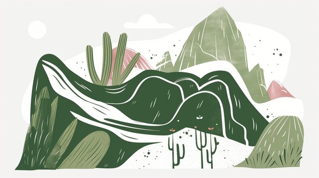 Serene guided meditation concept featuring an outline of mountains in a stylized, natural textured illustration, evoking tranquility and mindfulness.