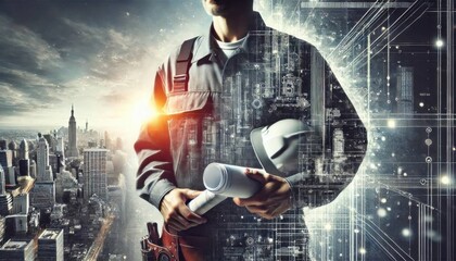 A modern engineer holding blueprints and a hard hat, juxtaposed against a futuristic cityscape with technical schematics overlaying the background.

