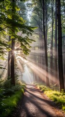 Fototapeta premium A serene forest trail at dawn shrouded in a mysti