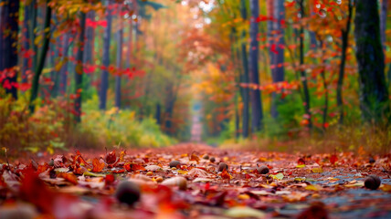 カラフルな秋のトレイルとどんぐり