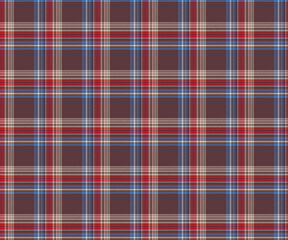 Plaid fabric pattern, brown, red, blue, white, seamless for textiles and design clothing, skirts, pants, aprons, tablecloths, blankets or decorative fabrics. Vector illustration.