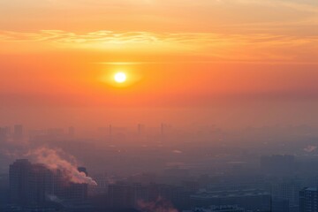 Fototapeta premium Industrial Smog Blanketing Sunsets: Pollution in Urban Environments