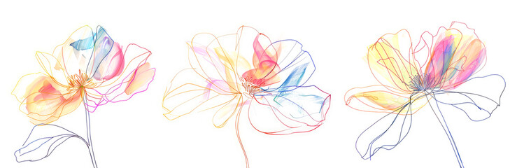 Obraz premium colorful pencil line drawing of three flowers on white background