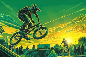 Naklejka premium BMX Rider Performing a Trick Over a Ramp at Sunset