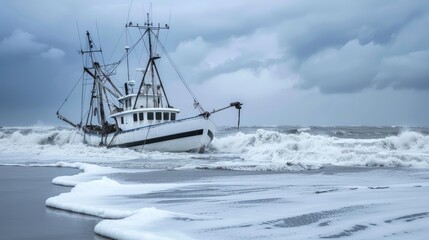 Obraz premium A white fishing boat navigates through rough waves with whitecaps in the foreground, with a cloudy sky in the background