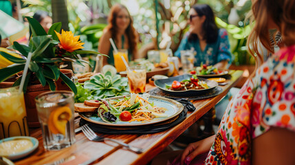 Friends enjoying lunch at outdoor cafe surrounded by lush greenery, vibrant conversation, social gathering, delicious meals, and refreshing drinks