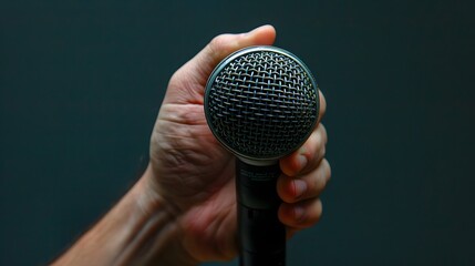 Hand Holding a Microphone: "A hand holding a microphone, ready for a speech or performance."