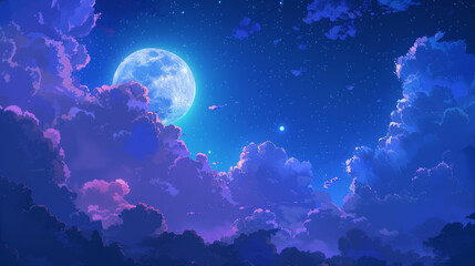 A gorgeous night sky shines with a full moon and puffy clouds in the pretty shades of blue, purple, and black.