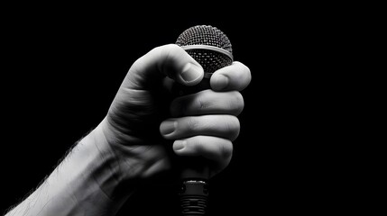Hand Holding a Microphone: "A hand holding a microphone, ready for a speech or performance."