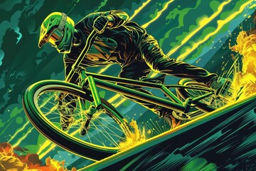 A Cyclist Wearing a Helmet and Goggles Races on a Green Bicycle