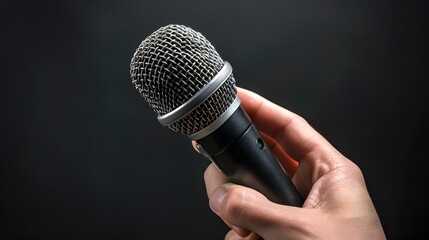 Hand Holding a Microphone: "A hand holding a microphone, ready for a speech or performance."