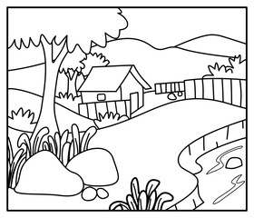 Coloring pages Pictures of landscapes, houses, trees and mountains, outline coloring pages for children