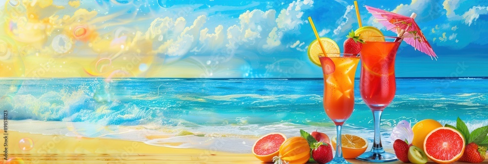 Poster two colorful cocktails garnished with fruit and umbrellas sit on a wooden surface with a beach and o