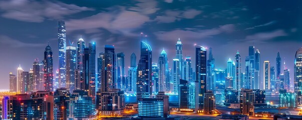 A futuristic city skyline at night, with illuminated buildings using renewable energy sources