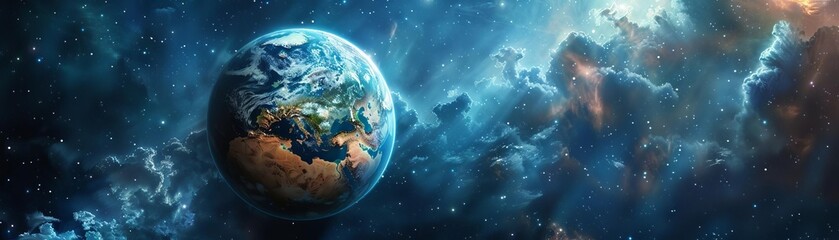 Fototapeta premium A highdefinition, vibrant image of Earth floating in space, wrapped in a swirling mist of clouds, with visible continents and oceans