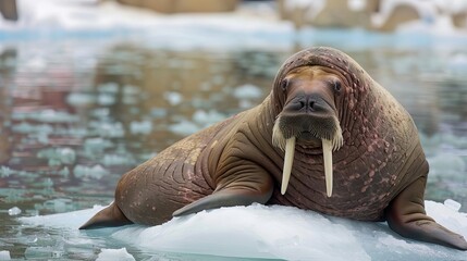Fototapeta premium A walrus resting on a floating piece of ice, with its tusks prominently displayed and a serene, icy landscape in the background